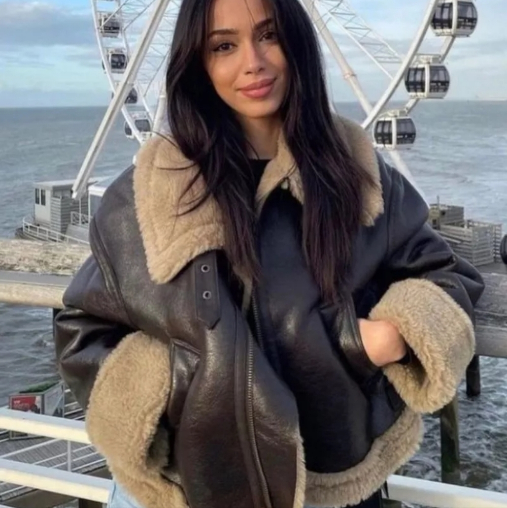 Zara Dark Brown Leather Aviator Jacket with Beige Shearling